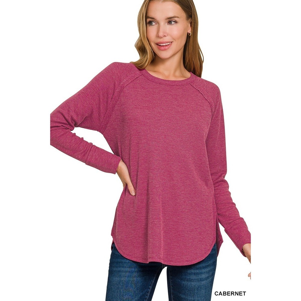 Zenana Baby Waffle Long Sleeve Top - Cabernet - Large